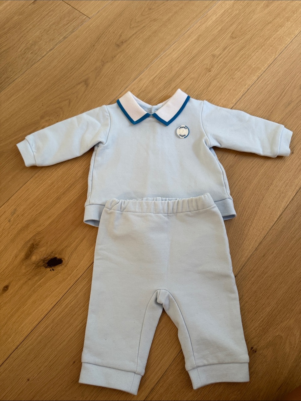 Jacadi Light Blue Two-Piece Baby One-Piece Set with Navy Trim